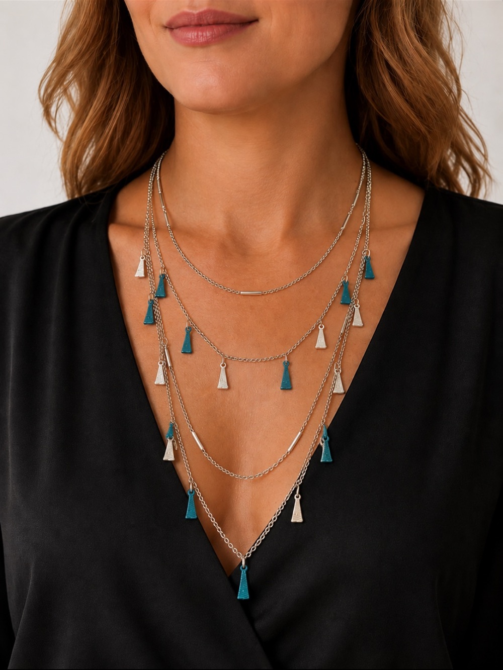 Silver Multi-Layer Necklace with Turquoise Accents